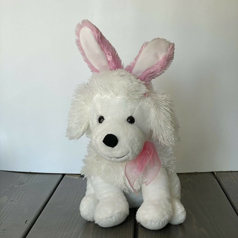 Dream 14" Fluffy White Dog With Pink Easter Bunny